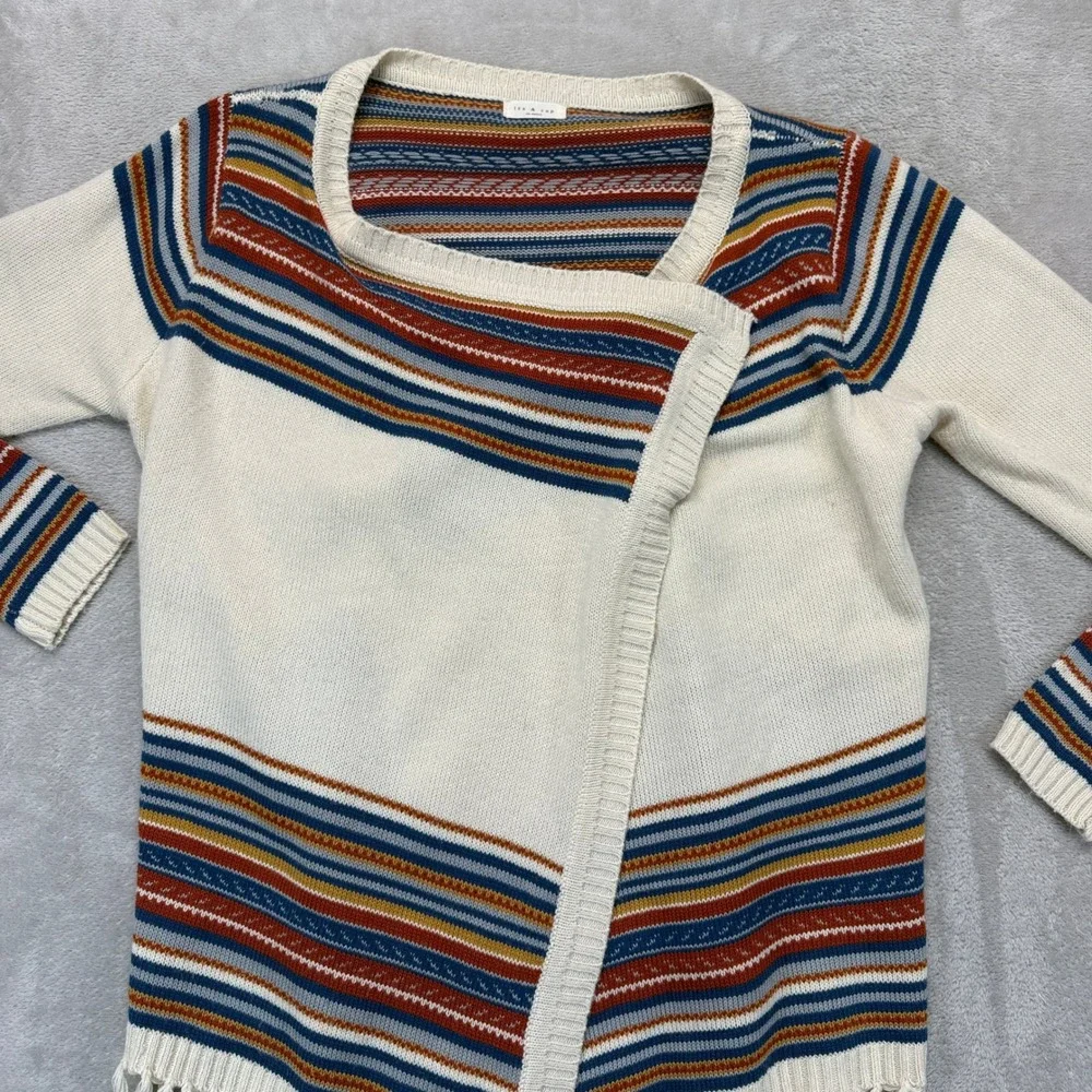 Tea & Cup Sweater Women's One Size Cardigans Cream Blue Rust Striped Fringe Boho